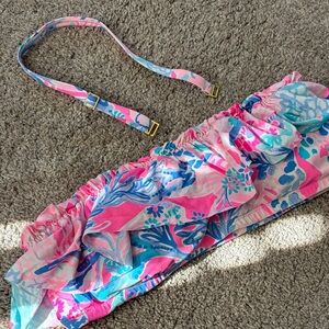 Women’s Floral Pink & Blue Ruffle Bandeau Swim Top